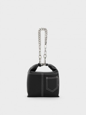 Charles & Keith Anthea Contrast-Trim Schultertaschen Schwarz | 503FIKNTS