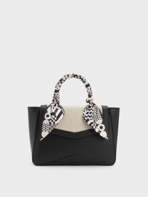 Charles & Keith Arley Canvas Scarf-Wrapped Top Handtasche Schwarz | 837CBRKMJ