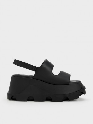 Charles & Keith Asymmetric Plateausandalen Schwarz | 745NBQSKZ