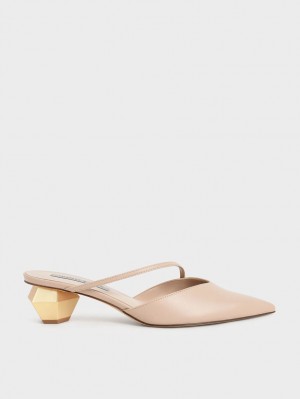 Charles & Keith Asymmetric Riemen Chrome Heel Mules Hellrosa | 952HDQOTS