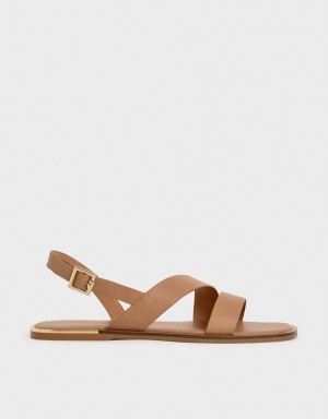 Charles & Keith Asymmetric Riemen Slingback Sandalen Flach Braun | 953NROVZG