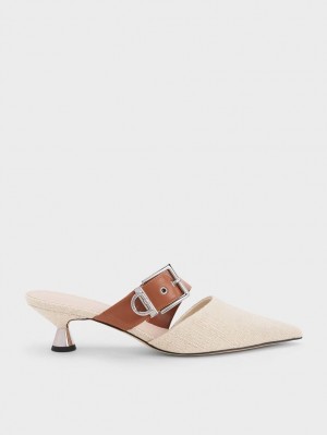 Charles & Keith Asymmetric Schnallen Linen Absatz Mules Beige | 364KYRQXU