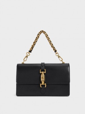 Charles & Keith Atlas Push-Lock Braided Handtasche Schwarz | 307BAOVCX