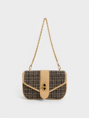 Charles & Keith Aubrielle Tweed Panelled Crossbody Taschen Schwarz Beige | 096ZCXIJQ