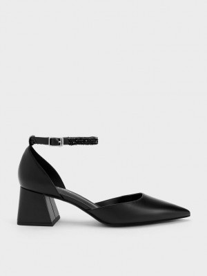 Charles & Keith Beaded Ankle-Riemen D'Orsay Pumps Schwarz | 197KWZJXG