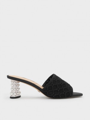 Charles & Keith Beaded Heel Crochet Mules Schwarz | 746QMRIPY