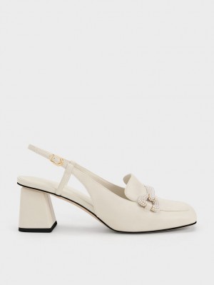 Charles & Keith Beaded Slingback Loafer Pumps Weiß | 730KGHYVS