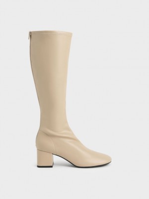 Charles & Keith Block Heel Kniehohe Stiefel Beige | 372FEWRIY