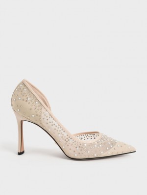 Charles & Keith Blythe Mesh Embellished Half-D'Orsay Pumps Beige | 278XADRWB