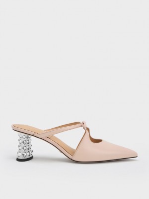 Charles & Keith Bow Crossover Gem-Embellished Mules Beige | 640ECANKQ