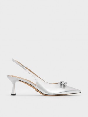 Charles & Keith Bow Crystal-Embellished Metallic Leder Slingback Pumps Silber | 865XJFRHY