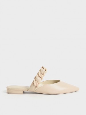 Charles & Keith Braided Chain-Link Flache Mules Beige | 725CKPBNX