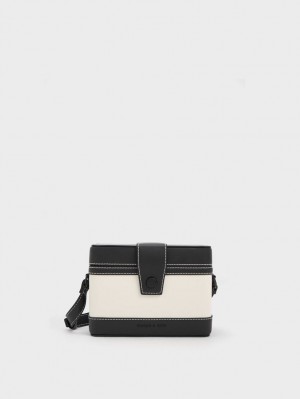 Charles & Keith Bronte Contrast-Trim Boxy Crossbody Taschen Schwarz Weiß | 706HKTRYE