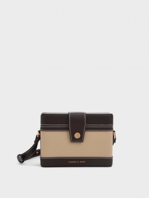 Charles & Keith Bronte Contrast-Trim Boxy Crossbody Taschen Braun | 518XONBYC