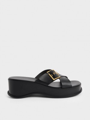 Charles & Keith Buckled Crossover Plateausandalen Schwarz | 185STZVAQ