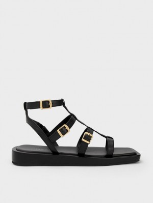 Charles & Keith Buckled Gladiator Sandalen Flach Schwarz | 408IJUXAY