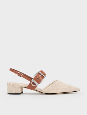 Charles & Keith Buckled Riemen Linen Slingback Pumps Beige | 135QZELJH