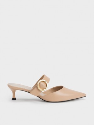 Charles & Keith Buckled Riemen Spool Heel Mules Beige | 574TOPKAG