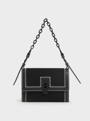 Charles & Keith Canvas Turn-Lock Chain Handtasche Schwarz | 506RWHYNA