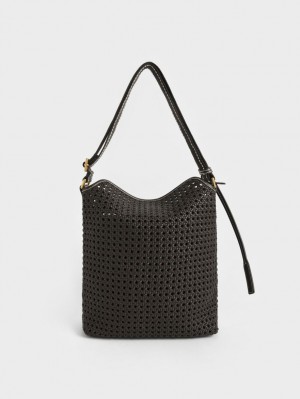 Charles & Keith Cecily Woven Large Schultertaschen Schwarz | 907UOWREG