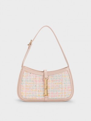 Charles & Keith Cesia Metallic Accent Tweed Schultertaschen Rosa | 850IZLNVO