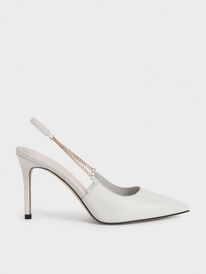 Charles & Keith Chain-Link Slingback Stiletto Pumps Weiß | 537QPWHFI