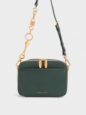 Charles & Keith Chunky Chain Handle Two-Way Zip Crossbody Taschen Dunkelgrün | 617PUAFBR