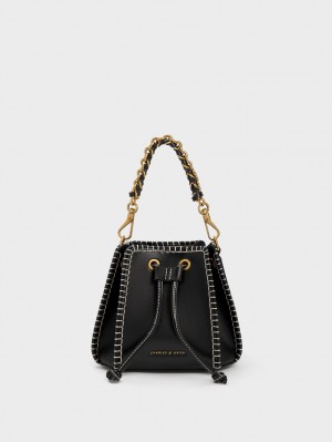 Charles & Keith Circe Stitch-Trim Bucket Tasche Schwarz | 802JCTBAS