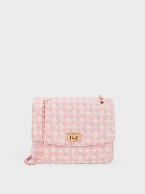 Charles & Keith Cressida Tweed Chain Riemen Schultertaschen Rosa | 089VZUALE