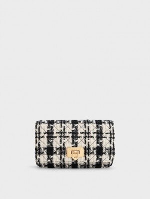 Charles & Keith Cressida Tweed Push-Lock Clutch Tasche Schwarz Weiß | 691JGDNFV