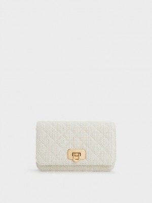 Charles & Keith Cressida Tweed Push-Lock Clutch Tasche Weiß | 653AEGRMQ