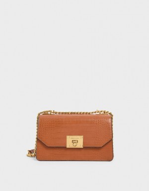 Charles & Keith Croc-Effect Chain Riemen Crossbody Taschen Braun | 195MYSVEI