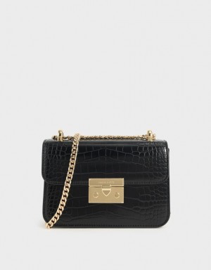 Charles & Keith Croc-Effect Chain Riemen Crossbody Taschen Schwarz | 091ONWXMG