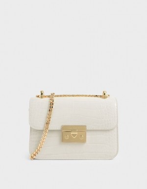 Charles & Keith Croc-Effect Chain Riemen Crossbody Taschen Weiß | 427YDJMKO