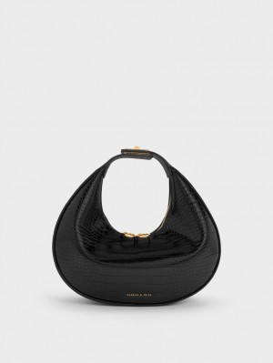 Charles & Keith Croc-Embossed Crescent Hobo Tasche Schwarz | 621QDGVLT