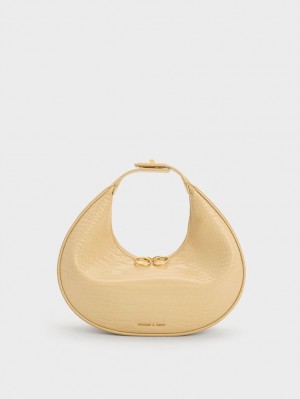 Charles & Keith Croc-Embossed Crescent Hobo Tasche Beige | 012PGZLUI