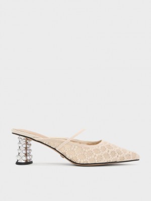 Charles & Keith Crochet & Leder Beaded Heel Mules Weiß | 801XSMQPI