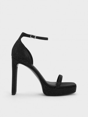 Charles & Keith Crystal Ankle-Riemen Plateausandalen Schwarz | 709FZIDEJ