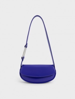 Charles & Keith Curved Front Flap Schultertaschen Blau | 431FYCWMI