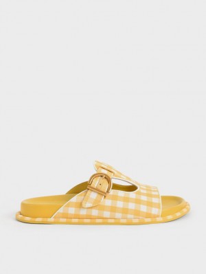 Charles & Keith Cut-Out Linen Gingham-Print Buckled Pantoletten Gelb | 217GHENQZ