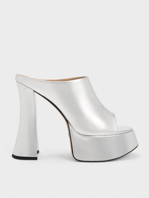 Charles & Keith Delphine Leder Metallic Plattform Mules Silber | 013ARSLIJ