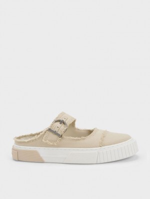 Charles & Keith Denim Buckled Slip On Sneakers Beige | 830WUJGDN