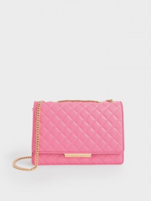 Charles & Keith Double Chain Handle Gesteppt Schultertaschen Rosa | 590PKYSWE