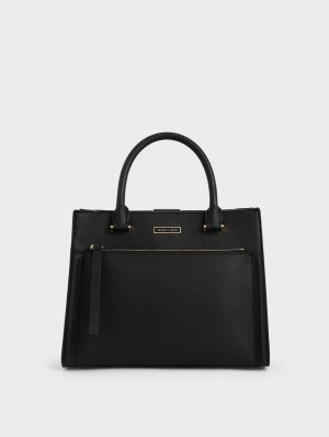 Charles & Keith Double Handle Front Zip Tragetaschen Schwarz | 932MBSYAW