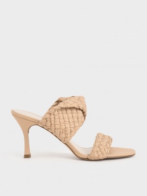 Charles & Keith Double Riemen Woven Absatz Mules Beige | 690JLTFXI