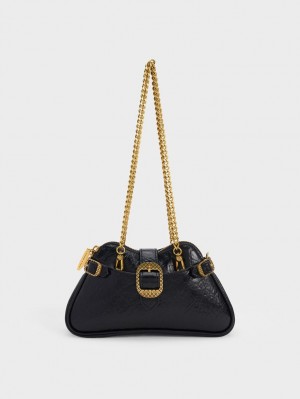 Charles & Keith Eilith Chain-Handle Buckled Schultertaschen Schwarz | 380TDYLPM