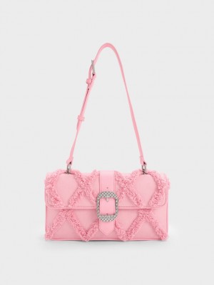 Charles & Keith Eilith Frayed Denim Buckled Schultertaschen Rosa | 425NSCTJR