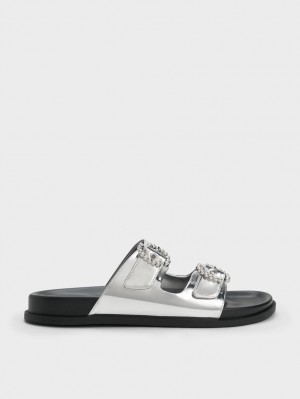 Charles & Keith Embellished Schnallen Metallic Pantoletten Silber | 397APZHLT