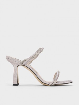 Charles & Keith Embellished Twisted Riemen Glittered Sandalen Absatz Silber | 198EGIABX