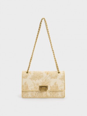 Charles & Keith Floral Illustrated Canvas Schultertaschen Beige | 394APTQFI